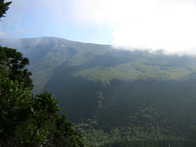 Vue, en face, des pentes vers la Fournaise et de la Vallée Heureuse