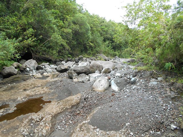 Passage de la très rocheuse Ravine de Basse Vallée