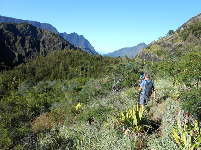 Sentier étroit, cordes, et végétation pour gagner les toboggans