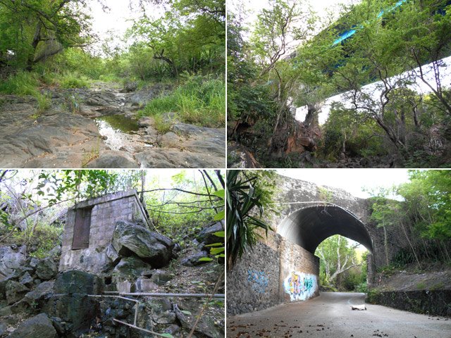 Le fond de la Ravine Ruisseau. La RN1 et la route des Avirons. La source Ruisseau