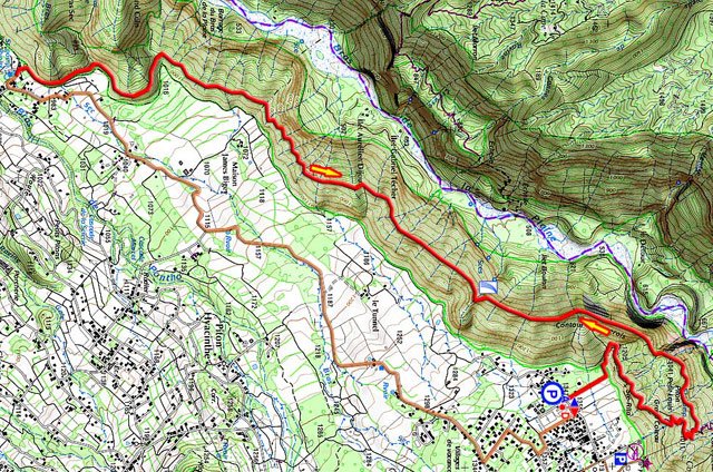 Le retour est facile à travers les prairies (trait orange)