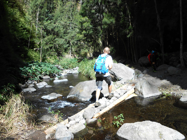 Passerelle mi-bois, mi-pierre avant le Bassin Ti Chien