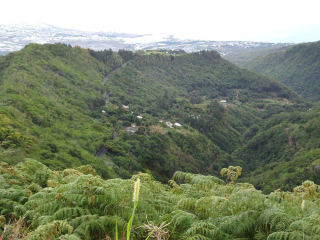 Un sentier de bord cout sur la crête vers la Rivière des Galets