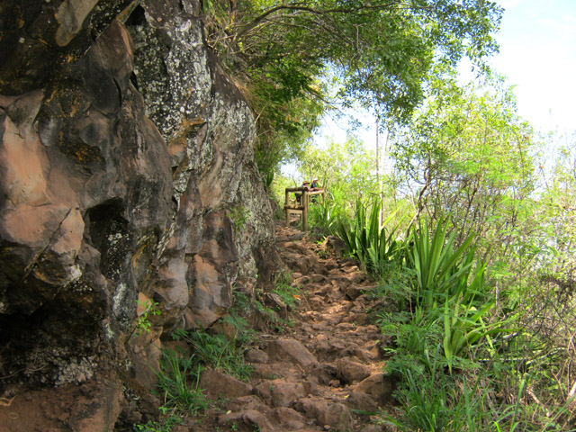 Le sentier, caillouteux, au tout début de la descente