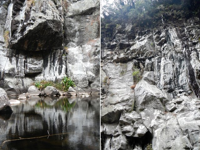 Marsouins amont : Les roches et les eaux noirs du bassin