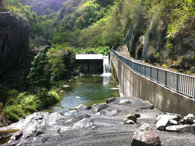 Rejoindre les trois filaos en traversant la rivière. Le sentier se poursuit à gauche après le rocher