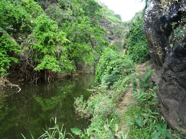 Seul passage possible : entre falaise et bassin
