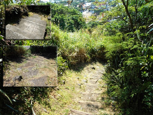 Le sentier partant sur la gauche en bas de la Rue Maunier vers le pont de la rivière Langevin