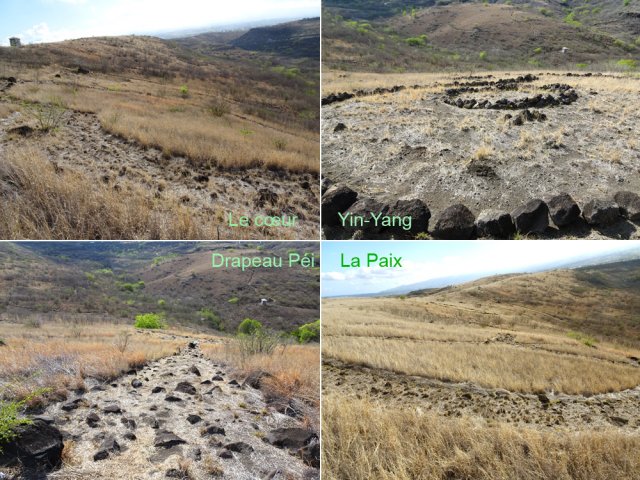 Les quatre géoglyphes faits de roches et d'herbe tondue