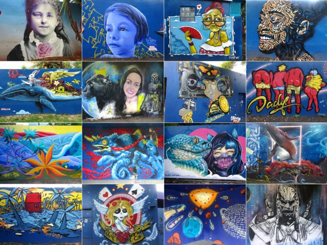 Quelques œuvres très diverses sur les murs d'un bâtiment abandonné