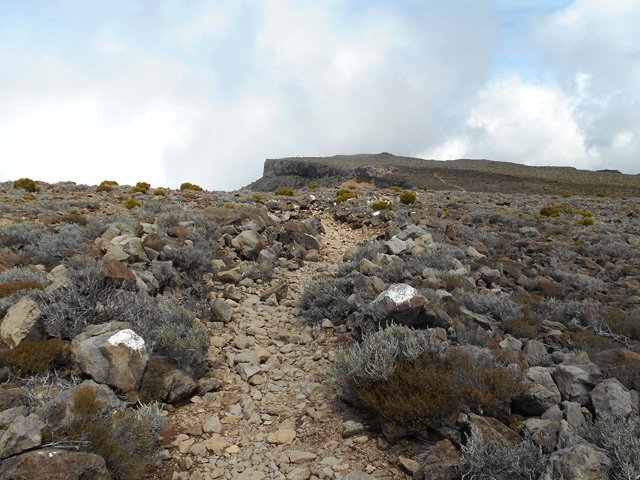 Sentier caillouteux mais en faible pente vers le Maïdo