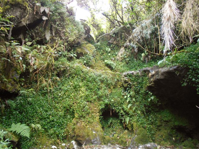 Nouveau gué près d'une haute cascade bordée de trois grottes