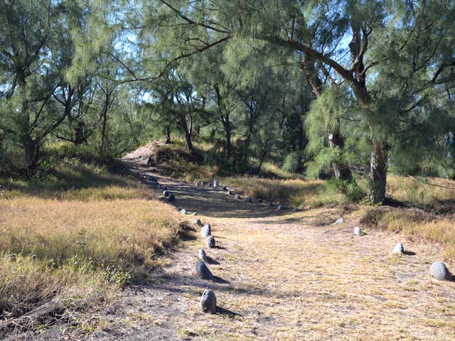 Le large sentier bordé de pavés qui vient de l'Etang Salé