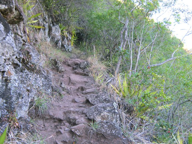 Le sentier de descente comporte des portions caillouteuses