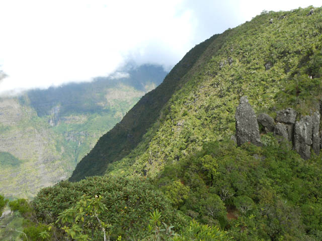 La vallée de la Rivière des Galets et la Roche Verre Bouteille depuis la fin de la descente