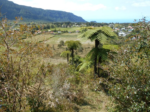 Vue sur les prairies et habitations des villages entourant le piton