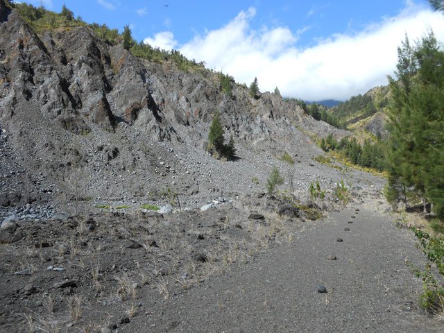 Sentier large, plat et sableux durant la descente de la rivière
