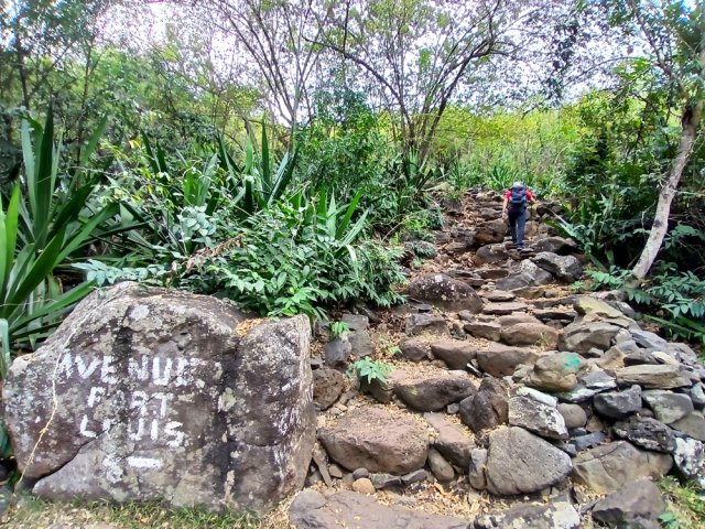 Entamer la montée par de hautes marches en direction de la Route de la Montagne