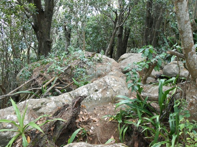 Le passage rocheux. Glissant par temps humide : marcher à quatre pattes !