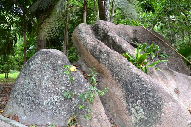 Les cases sont entourées de pierres typiques des Seychelles