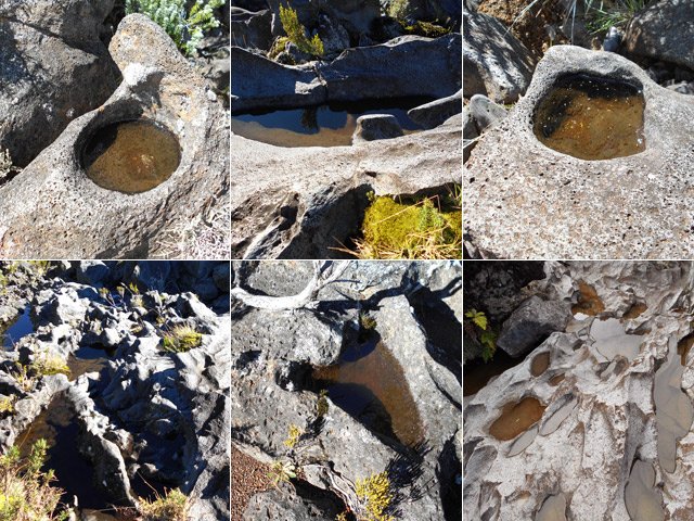 Superbes gruyères de basalte remplis d'eau de pluie