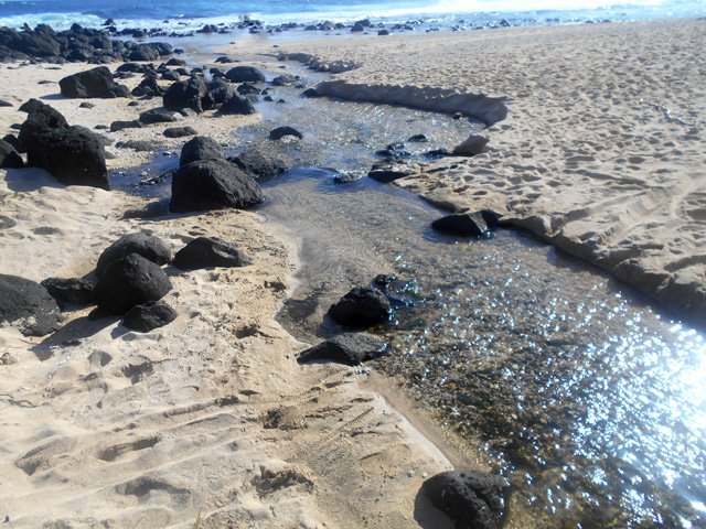La rivière qui traverse une longue plage de sable jaune