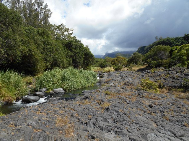 Plus haut, la remontée de la rivière s'effectue sur les rives basaltiques