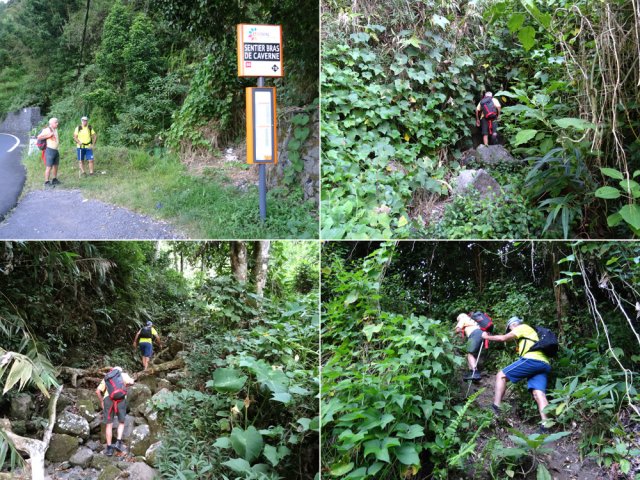 Les 200 premiers mètres dans la ravine caillouteuse et envahie par les lianes