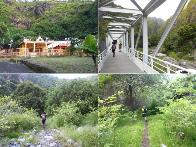 Le temple, une des deux passerelles et le sentier du Bas de la Rivière