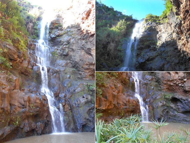 La cascade des Hirondelles tombant sur les rochers aux couleurs chaudes