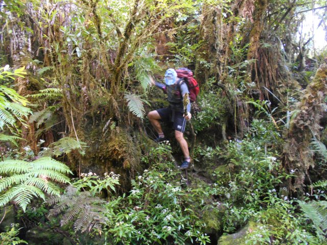 Passage d'une petite ravine caillouteuse et glissante