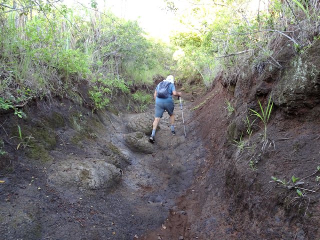 Piste défoncée et glissante par endroits