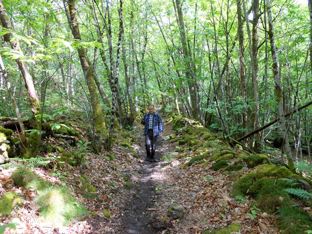 On quitte la zone par un très agréable sentier bordé de murets moussus