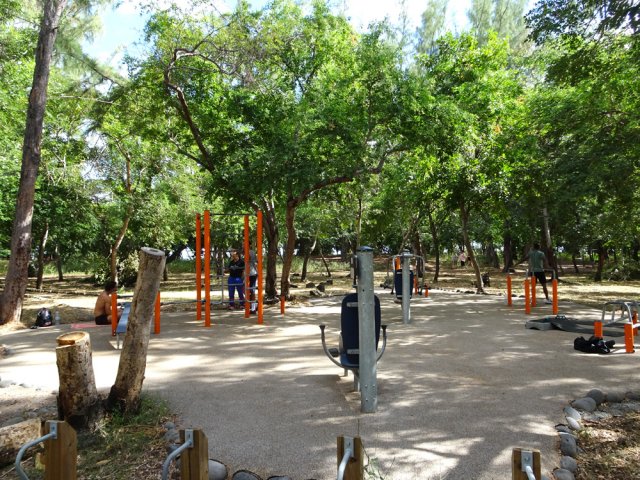 Une aire du parcours sportif comportant quelques appareils de musculation