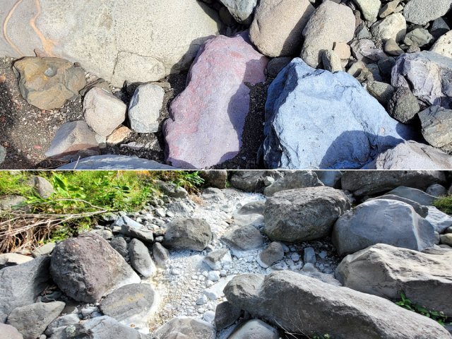 Des traces blanches laissées par l'eau et de grosses pierres colorées