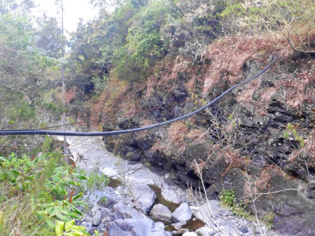 Le tuyau traverse le Bras des Etangs, attaché à son filin d'acier