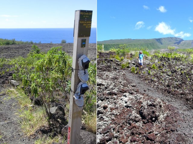 Le poteau décoré de l'ONF et le début de la descente vers la mer