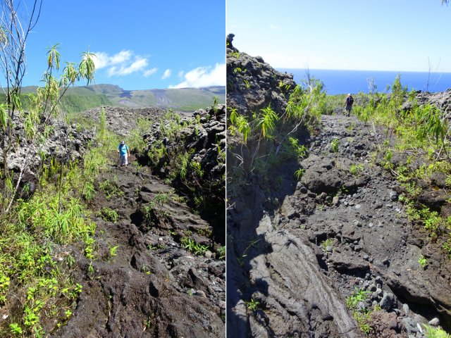 La fin de la descente emprunte le fond d'une ravine creusée dans la lave
