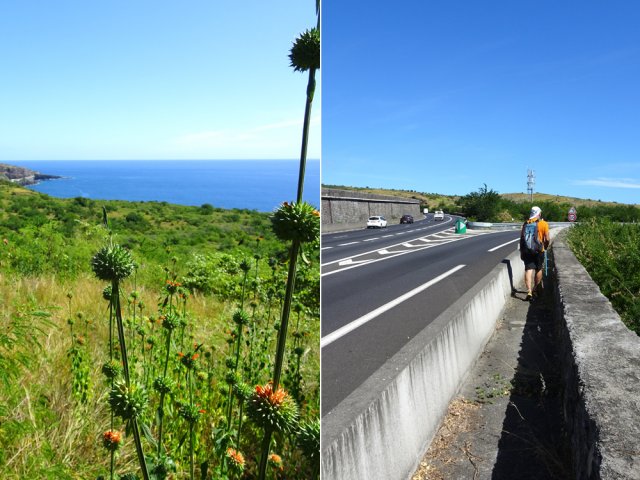 Vue depuis la RN1 et cheminement dans le chenal bordant la route