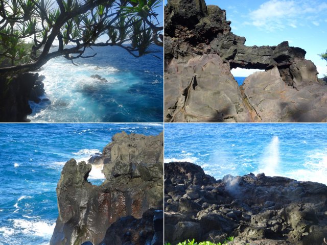 Vagues, arche, roches et souffleurs