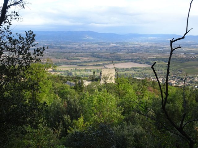 Vue sur les ruines du château depuis la route forestière