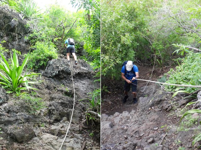Les passages en forte pente sont pourvus de longues cordes