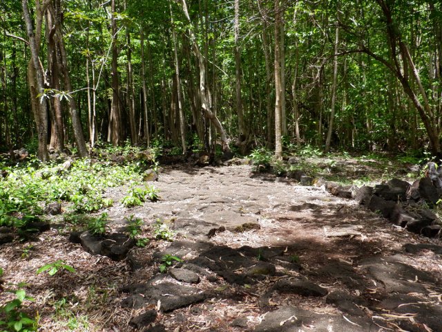 Larges allées plates pavées de pierres de lave