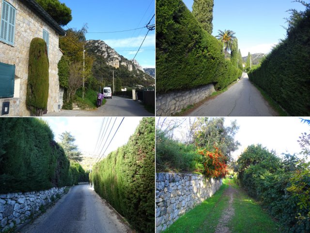 La route (1&2), le Chemin des panoramas (3) et le début du sentier (4)