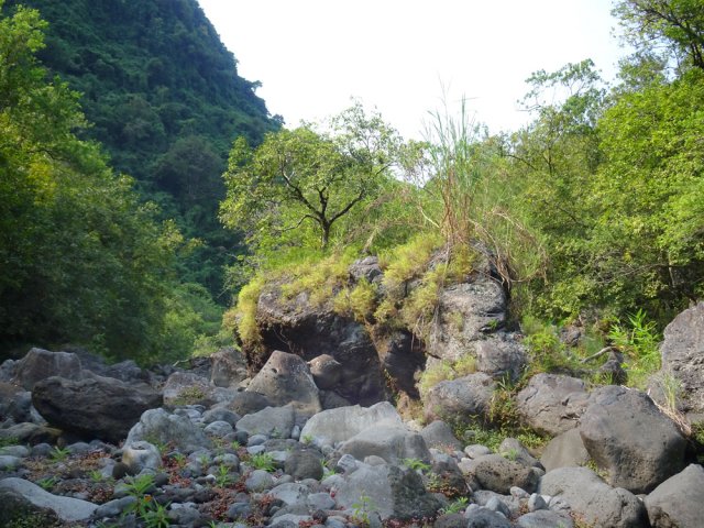 Un ilot rocheux au milieu du lit de la rivière à sec