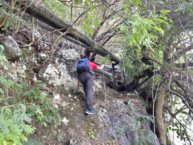 Passer sous les tuyauteries pour trouver le sentier